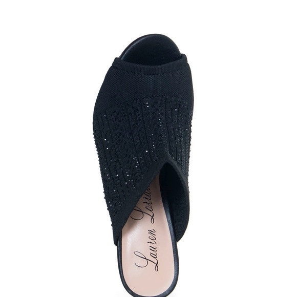 Lauren Lorraine Martha Black Wedge Heels Womens 6.5 Peep Toe Slip On Mule - Picture 5 of 5